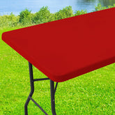Moosfor Spandex 6ft red tablecloth front view for a tidy fit on rectangular tables