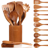 Mooues 12-piece wooden spoon set with holder keeps counters tidy and ready for cooking.