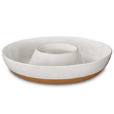 MORA ceramic chips and dip tray in white with divided design for organized snack presentation.
