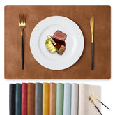 MOSAYT faux leather placemats in reddish brown protect surfaces during daily meals.