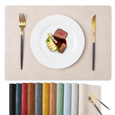 MOSAYT vinyl placemats beige on dining table showing heat protection and spill resistance.