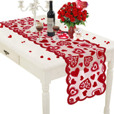 Mosoan Valentines table runner red lace closeup highlighting romantic table decor