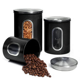 Moss & Stone 3-piece canisters with airtight lids on a kitchen counter.