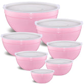 Moxinox pink mixing bowls with airtight lids for fresh ingredients.