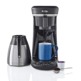 Mr. Coffee Pod + 10-Cup space-saving brewer for compact kitchens.