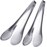 MSY BIGSUNNY 11-Inch stainless steel tongs in use for flipping vegetables safely.