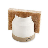 Mud Pie stoneware sponge holder with brown-white glaze for kitchen organization