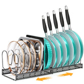 MUDEELA expandable pots and pans organizer under cabinet in assembly view for easy access.