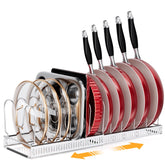 MUDEELA pot rack under-cabinet extended view showing organized pots for easy access.