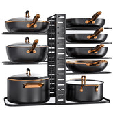 MUDEELA pots and pans organizer under cabinet with 8-tier design for compact kitchen storage.
