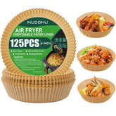 MUOOMU 8-inch air fryer liner packaging for easy dispensing and storage.