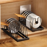 Mustorn under-cabinet pot organizer with guardrail for secure lids and space saving.