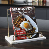 MyGift Modern Marble Cookbook Stand front rail view showing hands-free recipe reading