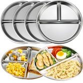 MYOVPLUT divided plate close-up highlights durable, safe stainless steel for kid meals.
