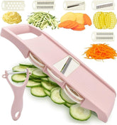 NACOLUS mandoline pink front view showing even slices and quick prep.