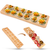 Namre' wooden deviled egg platter with 12 holes for elegant holiday entertaining.