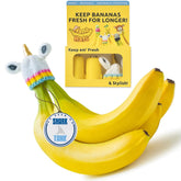 Nana Hats yellow banana-cap on crown keeps bananas fresher for longer in the kitchen.