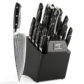NANFANG BROTHERS Damascus knife set with wood block, front view for organized, safe kitchen storage.