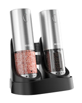 NEGESA electric salt and pepper grinder set on charging base for cordless kitchen use.