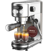 Neretva espresso machine front view, compact stainless steel design for small kitchens.