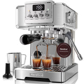 Neretva espresso machine front view highlights compact retro silver design for home use.