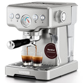 Neretva Espresso Machine with visible pressure gauge guides precise brewing for custom flavors.