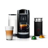 Nespresso VertuoPlus Deluxe front view in black showing compact kitchen-friendly design.
