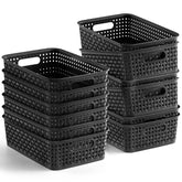 NETANY 12-pack woven plastic baskets in black for organized shelves and countertops