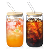 Netany 2-pack glass cups with bamboo lids and straws for stylish iced drinks.