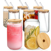 NETANY 8-piece drinking glasses with bamboo lids and glass straws for everyday sipping