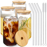NETANY drinking glasses with bamboo lids; clear 16oz cups for iced coffee and tea.