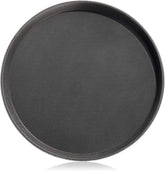 New Star Foodservice 24913 round tray with black finish and non-slip surface for secure serving.