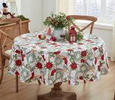 Newbridge Merry Christmas tablecloth with wreaths and poinsettias enhances holiday table settings.