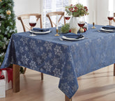 Newbridge snowflake tablecloth showcases a sparkling navy-silver pattern for festive dining.