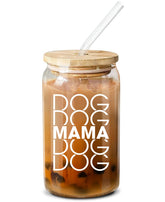 NewEleven dog mom coffee glass with leak-proof lid on kitchen counter.