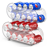 NEWNUBI two-pack auto-rolling soda can organizer in fridge keeps short cans neatly accessible.