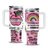 NIAXAUYT Teacher Life pink tumbler – front view, ideal for daily classroom coffee.