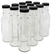 Nicebottles clear glass bottle 12oz with black cap for sauces and beverages.