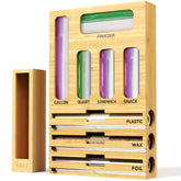 NIKUY 9-in-1 bamboo organizer with wrap dispenser keeps kitchen drawers tidy and reachable.