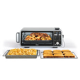 Ninja dual-heat oven front view shows a compact kitchen companion for quick meals.