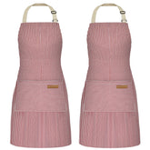 NLUS apron with pockets in red pinstripes, front view showing handy storage