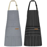 NLUS blue pinstripe kitchen apron, front view with two pockets for tools