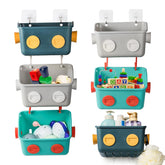 Noamus six-pack bath toy storage baskets in blue, neatly organized for bath time.