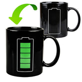 Nofinis heat changing mug reveals battery pattern with hot coffee for a playful start.