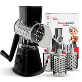 Nonni's Kitchen rotary cheese grater with handle on counter for stable shredding