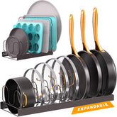Norcalway adjustable bakeware organizer under cabinet keeps pots neatly arranged.