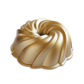 Nordic Ware Swirl Bundt Pan 10-Cup Gold with intricate swirl pattern for eye-catching desserts