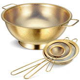 Norme gold colander 5-quart with handles for easy draining.