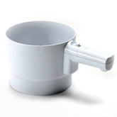 Norpro battery-operated sifter in white showing 5-cup capacity for quick sifting.