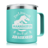 NOWWISH Mamasaurus tumbler 14oz with lid keeps drinks hot or cold for hours.